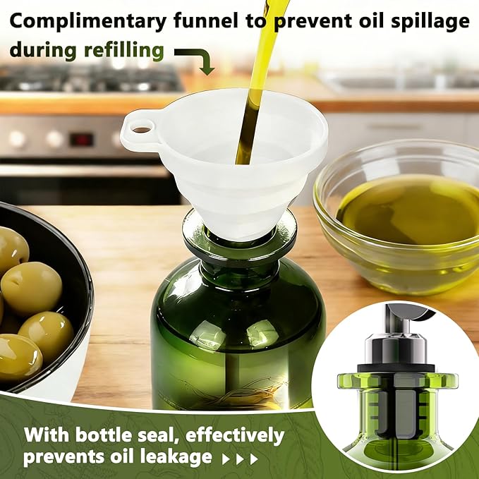 COOLMI Oil Dispenser for Kitchen - 12oz/350ml, Set of 2 Extra Thick Food Grade Glass Olive Oil Dispenser Bottle with Cleaning Brush, Stickers and Funnel (Black)
