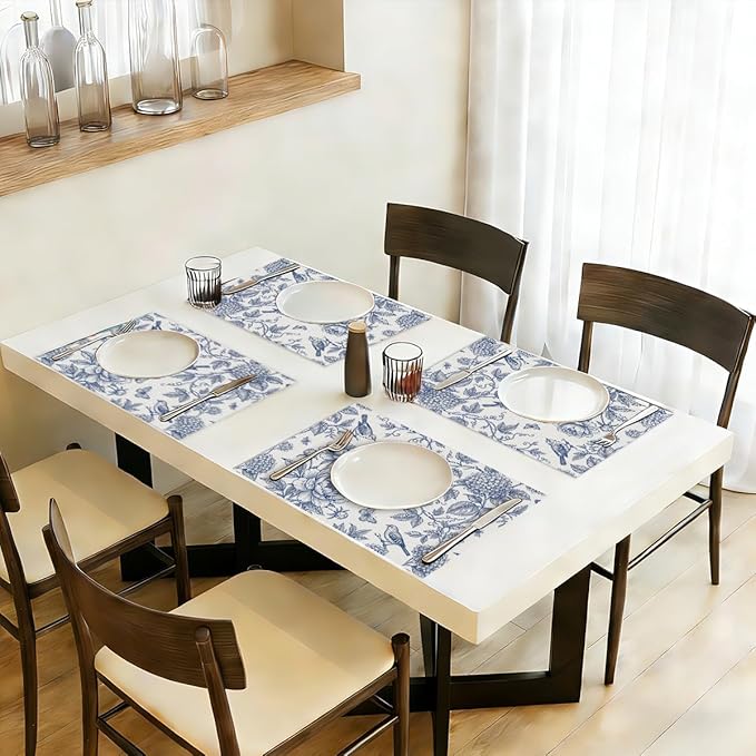 Hydrangea Flowers Branches Chinoiserie Spring Placemats Set of 4, 12x18 Inch Blue White Vintage Floral Bird Table Mats for Party Kitchen Dining Decoration, Washable Non-Slip Heat Resistant Place Mats
