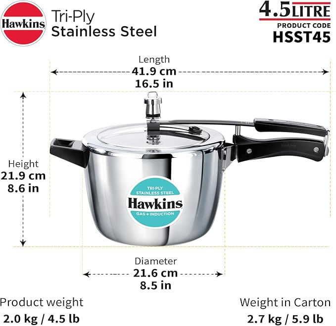 HAWKINS Triply Stainless Steel Pressure Cooker, Inner Lid Cooker, (HSST45) 4.5 litres Silver