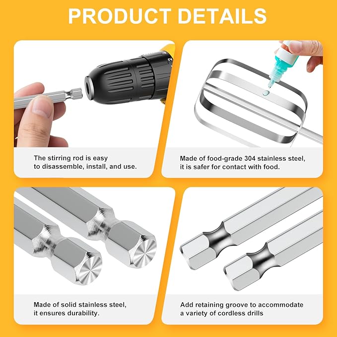 homicozy 3-Piece Stainless Steel Hand Mixer Attachment Set - Whisk, Dough Hook, Egg Beater for Drills - Dishwasher Safe, 9.8 Inch (Drill Not Included) (9.8inch)