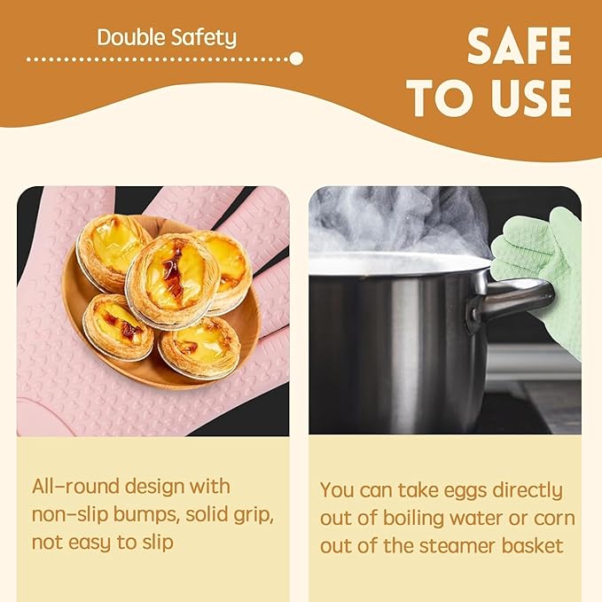 Kitchen Silicone Oven Gloves for Women 2 Pairs Oven Mitts with Fingers Heat Resistant Waterproof Handle Hot Food BBQ Grill Baking