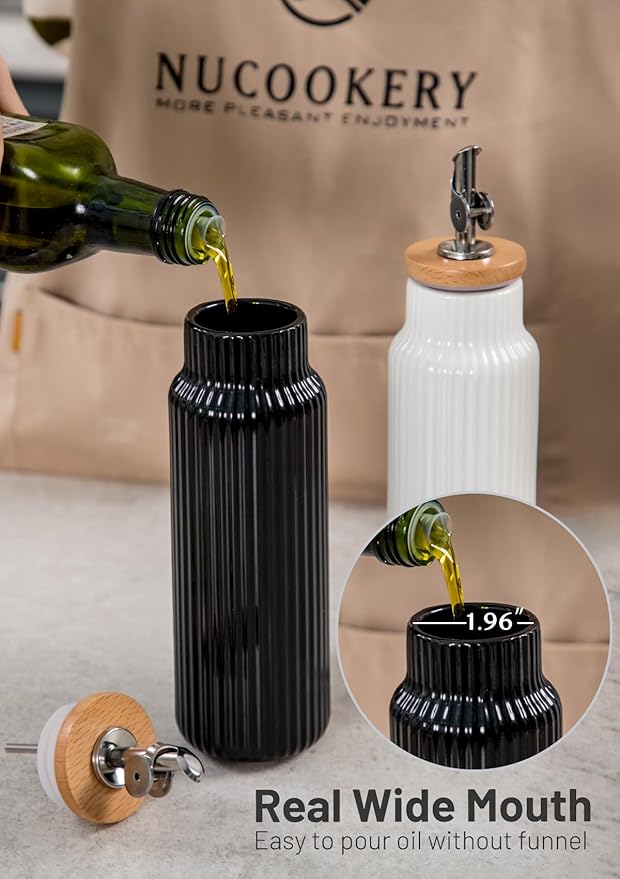 Nucookery 20oz Ceramic Olive Oil Dispenser Bottle for Kitchen spray, Large Capacity Cooking Oil Container for Storage Vinegar, Soy Sauce, Coffee Syrup, Liquids, Black
