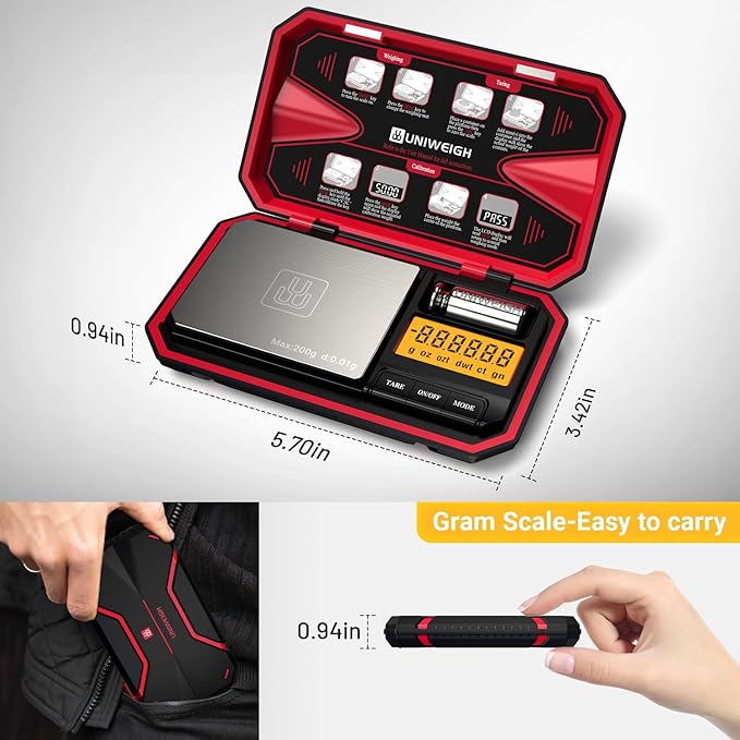 UNIWEIGH Travel Digital Pocket Scale 200g/0.01g, Digital Gram Scales, Mini Food Scale with 50g Calibration Weight for Food, Powder,Small Items, Tea, Jewelry, Coins (Battery Included)-Red