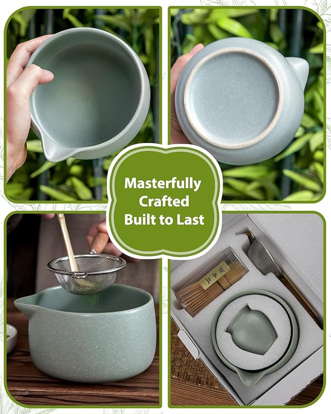 20OZ Matcha Whisk Set - 5PCS Chasen Set Includes Matcha Bowl with Spout, Bamboo Whisk with Ceramic Holder, Macha Scoop and Sifter, Matcha Kit for Ceremony, Gift for Matcha Lovers (Pale Gray-Green)