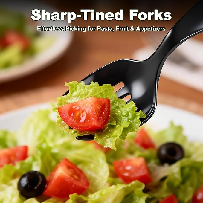 36Pcs Disposable Plastic Serving Utensils Set, 12 Black Spoons, 12 Forks, 12 Tongs, 9-Inch for Party Buffet Catering Events, Heavy Duty and Ergonomic Design (Black)