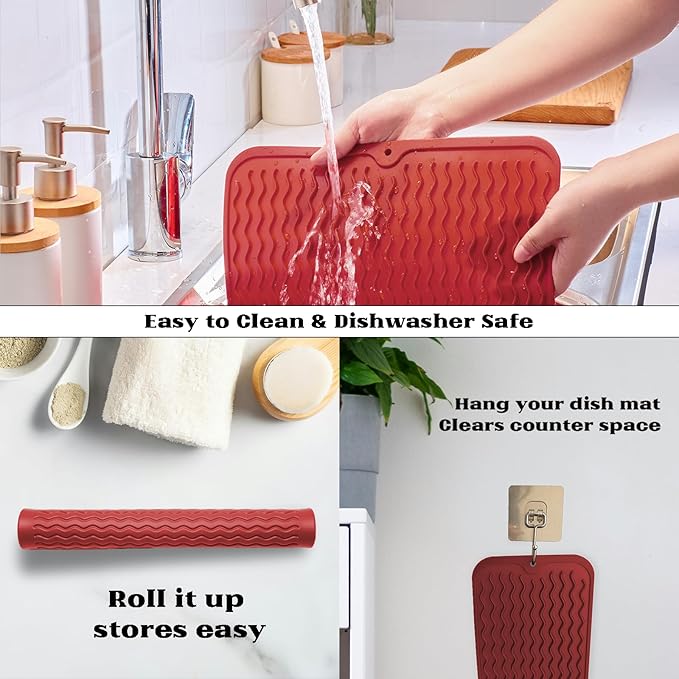 ZLR Silicone Dish Drying Mat 12" x 12" Square - Small Heat Resistant Trivet & Countertop Protector for Air Fryer, Coffee Maker - Waterproof Kitchen Drain Pad for Cups, Fruit (Lava Red)