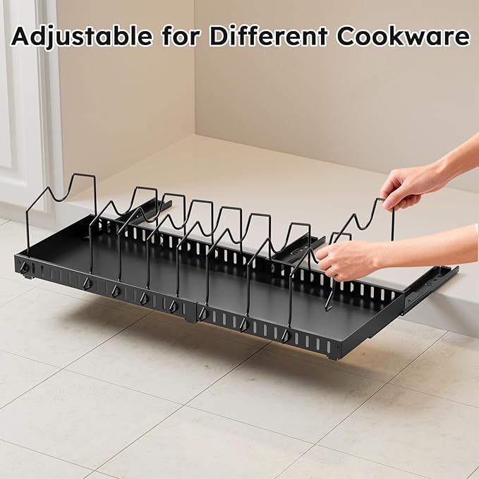 DTUQYX Pull-out Pots and Pans Organizer Under Cabinet - 1 Pack Expandable Pot and Pan Organizer Rack with 12 Adjustable Dividers for Pot, Cutting Board, Dishes, Lid, Baking Tray
