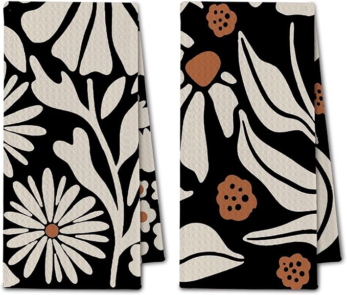 Abstract Boho Beige and Black Floral Kitchen Towels, Groovy 70s Retro Botanical Dish Towels Drying Cloth for Kitchen, Mid Century Modern Flower Hand Towels for Bathroom, 16x24 Inch Set of 2