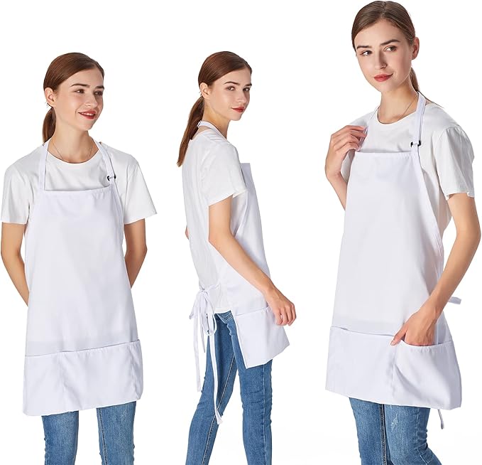 Jubatus 2 Pack 3 Pockets Adjustable Bib Apron Chef Kitchen Cooking Aprons for Women Men, White