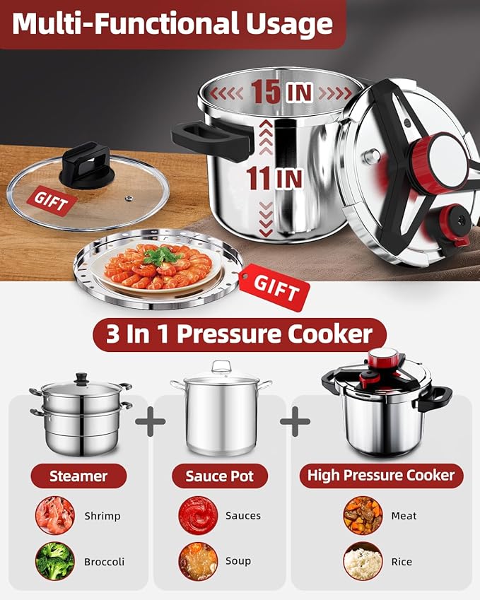 3-In-1 Stainless Steel Pressure Cooker 32 QT: [Save 70% Time] [3 PSI Settings], One-Hand Locking Large Pressure Canner, Induction Compatible, Steamer Rack Included, Olla de Presion 32 Quart