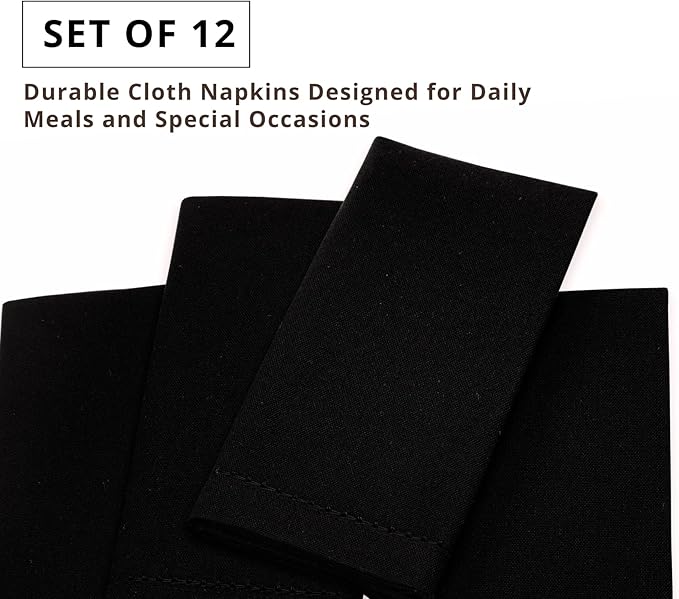 PurpleEssences Set of 12 Hemstitch Cloth Dinner Napkins 100% Cotton - Soft Durable Washable - Ideal for Wedding Spring Easter Summer - Perfect Everyday Use Table Linen 18x18 - Black