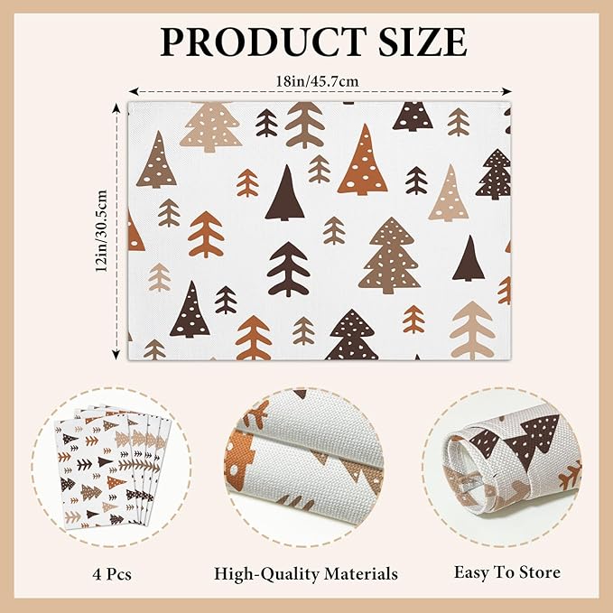 Cotton Linen Waterproof Placemats Set of 4, Christmas Tree Dining Mat Table Mats Decor Fabric for Xmas Dinner Coffee Shop Table, Indoor/Outdoor Washable Wipeable Placemat -N027
