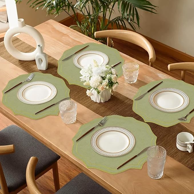 Set of 8 Cotton Linen Placemats, 15x15 Round Scalloped Cloth Table Mats, Embroidery Machine Washable, Wrinkle Resistance Fabric Place Mats for Wedding Summer Baby Shower Party Table Decor-Green