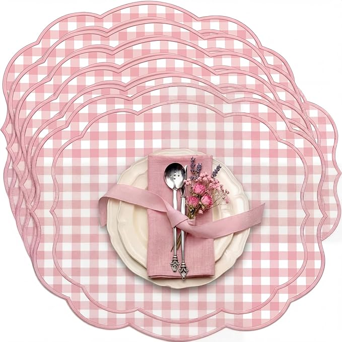 Breling Set of 6 Pink Gingham Placemats Scalloped Embroidered Cotton Linen Placemats 17" x 13" Double Layered Machine Washable Table Place Mat for Wedding Birthday Baby Shower Party Table Decor