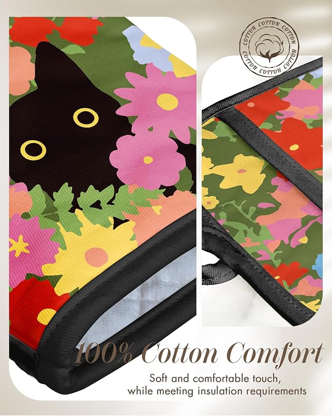 Miss Adola Cotton Oven Mitts and Pot Holders Sets - Quilted Lining Heat Resistant 4 Pieces Set with Hanging Loop Cute Farmhouse Boho Spring Kitchen Decor and Accessories, Cat Flower