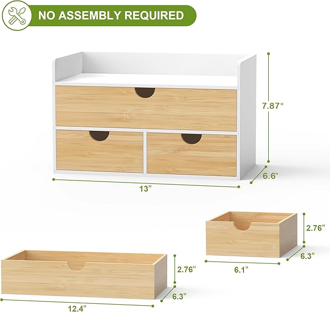 Desk Organizer with Drawers - Bamboo Desktop Organizer Storage | White-Natural Wood Desk Drawers Organizer for Bills, Office Supplies, Cosmetics, Seals No Assembly Required