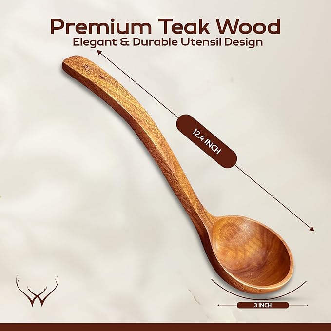 2Pcs Wooden Ladle Set included Teak Wood Soup Spoons with Hook Handles for Cooking wih Large Spoon Rest, Serving, Stirring – Non-Stick Wooden Spoons for Pot & Bowl