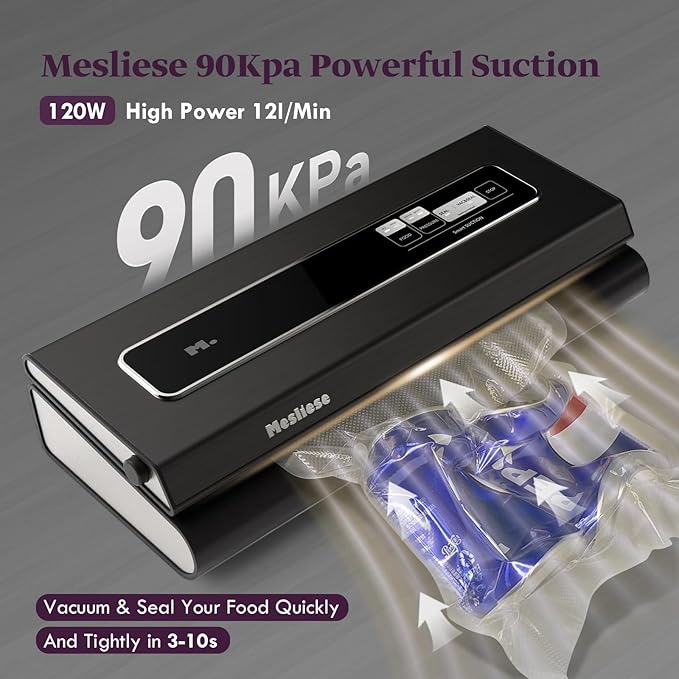 Vacuum Sealer Machine, Mesliese 90Kpa Powerful 6-in-1 Precision Compact Vacuum Food Preservation System with Cutter, 2 Bag Rolls & 5 Pre-cut Bags, Dry&Moist Modes Smart Suction, ETL Listed (Dark Gray)