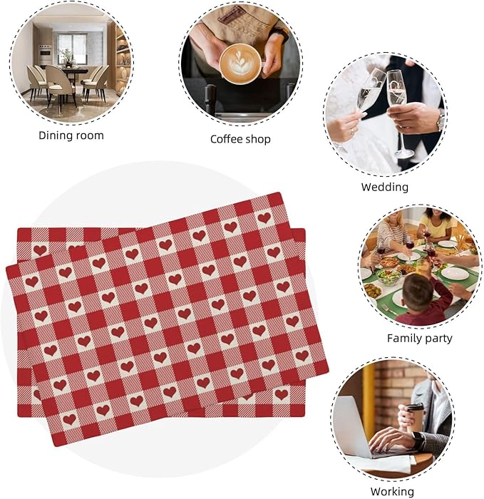Valentines Placemats Set of 4 Red Pink Love Heart Buffalo Plaid Decor Place Mats 12x18 Inch Gingham Anniversary Wedding Holiday Linen Table Mats for Home Kitchen Dining Party Table Decoration