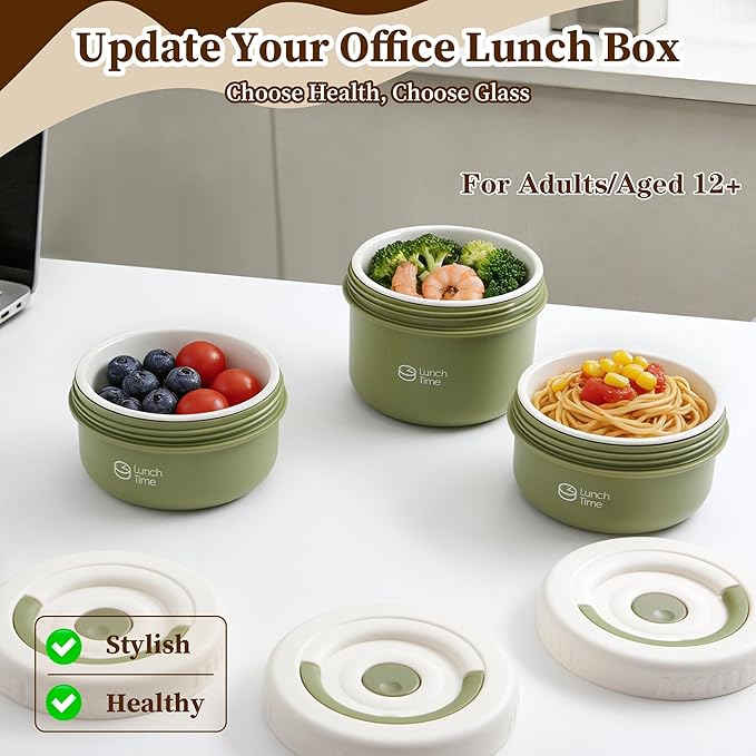 Bento Box Adult Lunch Box Set, 3 Pcs Ceramic Lunch Containers for Adults, 14 Oz+14 Oz+21 Oz Adult Lunchable Containers with Insulated Bag, Leak-Proof, Microwave Safe (Green (Ceramic Liner))