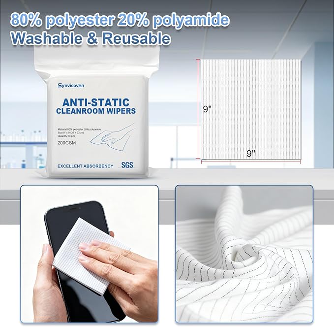 Anti-Static Microfiber Wipes 9"x9"(50 Pcs,Class 100, 200GSM) Lint Free Cloths Reusable Special ESD protection design is suitable for protecting sensitive electronic components and tools