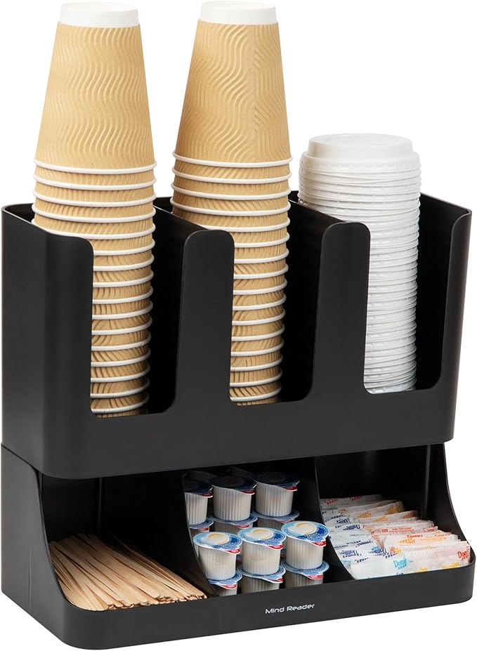 Mind Reader Cup and Condiment Station, 13 Inch Countertop Coffee Bar Organizer with 6 Compartments, Storage Caddy for Cups, Lids and Packets, Plastic, Black