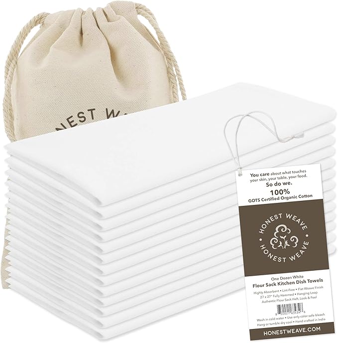 HONEST WEAVE GOTS Certified 100% Organic Flour Sack Cotton Kitchen Hand and Dish Towel Sets - Extra Large 27x27 inches, Fully Hemmed, 12-Pack, White