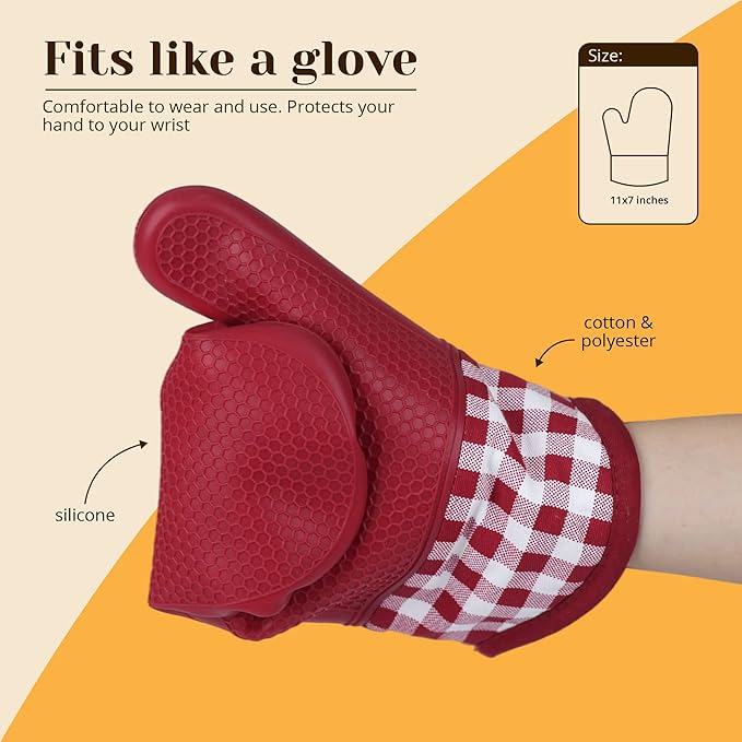 Amruta Pair of Silicone Shell Oven Mitts, 2 Pieces Heavy Duty Baking Kitchen Mitts for BBQ Microwave Stove, Heat-Resistant up to 500F, Oven Glove with Silicone Textured Grip (11 x 7 in, Red)
