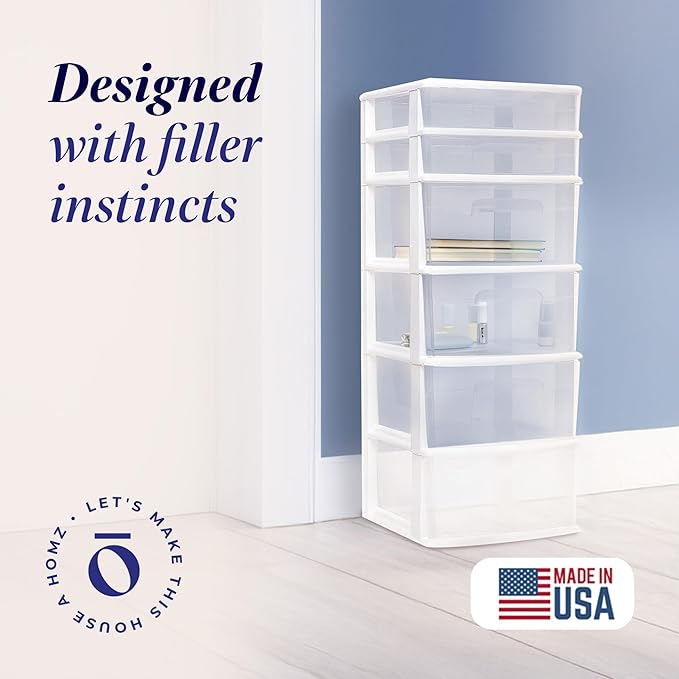HOMZ Drawer Tower, 6-Tier Clear Plastic Storage Organizer Cart, White Frame - Heavy-Duty Organizing Drawers for Home, Bedroom, and Closet Organization
