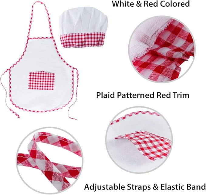 Super Z Outlet 12pc Set Complete Kids Cooking and Baking Apron With Pocket and Chef Hat Dress Up Set, Red Chef Costume for Career Role Play One Size