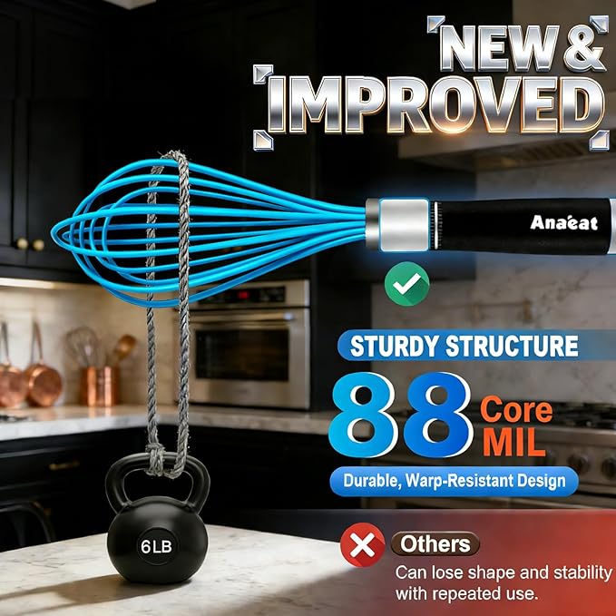 Anaeat Silicone Kitchen Whisk Set of 4, Perfect for Non-Stick Cookware, Milk and Egg Beater Blender for Whisking, Cooking, Baking, Beating - 11'' Flat Whisk and 9''+11''+12'' Balloon Whisks (Blue)