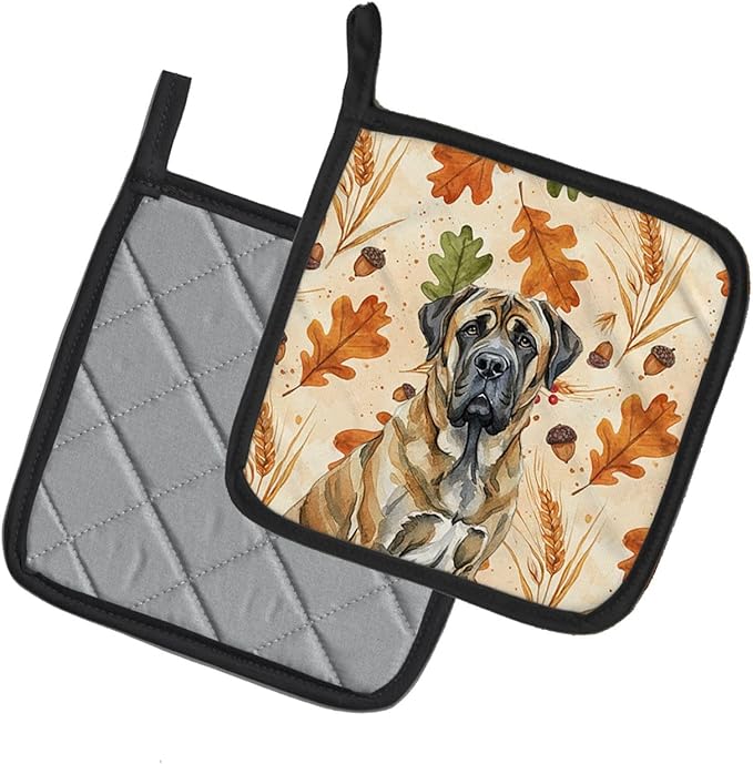Caroline's Treasures Brindle English Mastiff Heirloom Fall Pair of Pot Holders Pair 7.5x7.5 Quilted Insulated Hot Pads Decorative Kitchen Gift Made in USA