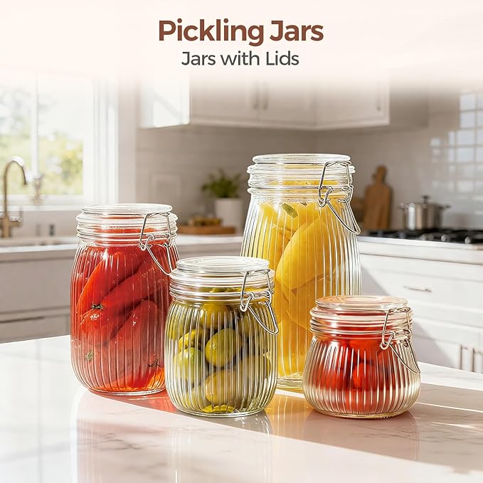 ComSaf 34oz Ribbed Glass Jars with Airtight Latch Lids - Set of 3 Farmhouse Vintage Canisters for Coffee, Sourdough Starter, Dry Goods & Fermenting, Pantry Organization & Kitchen Decor