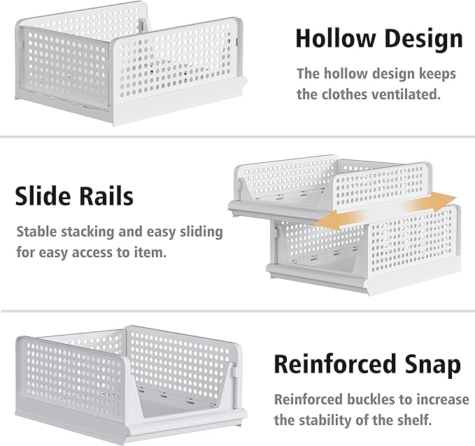 Proarea 5 Pack Stackable Plastic Storage Basket Closet Organizer Bin Foldable Clothes Organizer Storage Drawer Shelf Container for Living room Bathroom Kitchen Office (3L+2S), White, YG-3L2S
