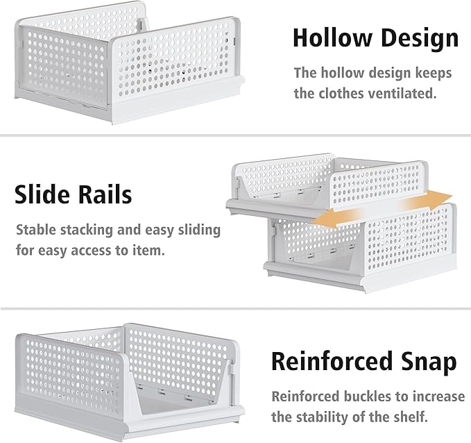 Proarea 5 Pack Stackable Storage Bins, Closet Organizers and Storage, Foldable Closet Organizer Baskets for Clothes, Plastic Drawer Bins for Closet Organization, Wardrobe Shelf, Laundry Room, White