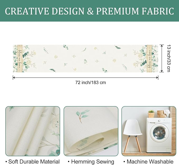 Bonhause Eucalyptus Leaves Table Runner 13x72 Inch Green Plants White Flowers Spring Summer Seasonal Holiday Kitchen Dining Table Decoration for Indoor Outdoor Home Party Decor