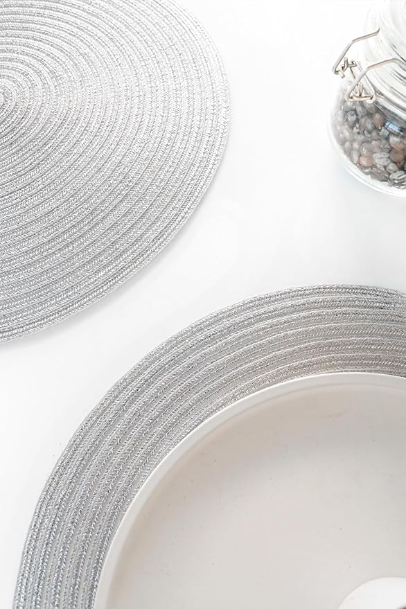 Floroom 15 Inch Round Braided Placemats Set of 4, Washable Heat Resistant Cotton Polyester Circle Place Mats for Kitchen Dining Table - Shimmer Silver