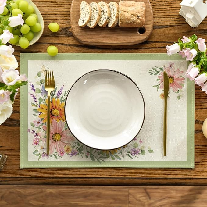 Artoid Mode Green Sunflowers Butterfly Spring Placemats Set of 4, 12x18 Inch Seasonal Summer Holiday Table Mats for Party Kitchen Dining Decoration