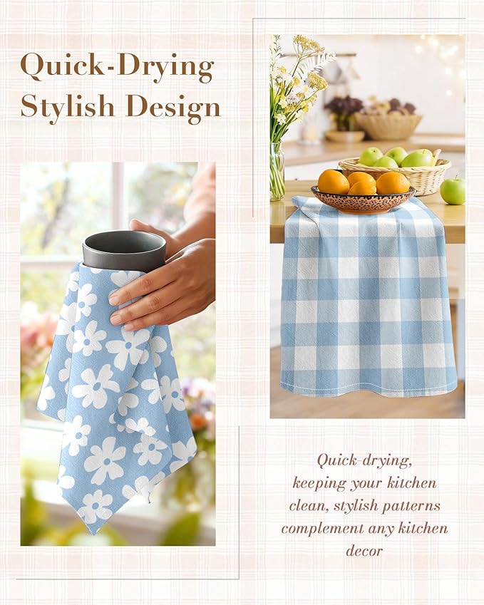 Miss Adola 2pcs Flour Sack Kitchen Towels - 18"x 26" Cotton Kitchen Hand Towels with Hanging Loop Reusable Geometric Blue Velvet Farmhouse Plaid Tea Towel Absorbent Dishcloths Home Decor, Blue Daisy