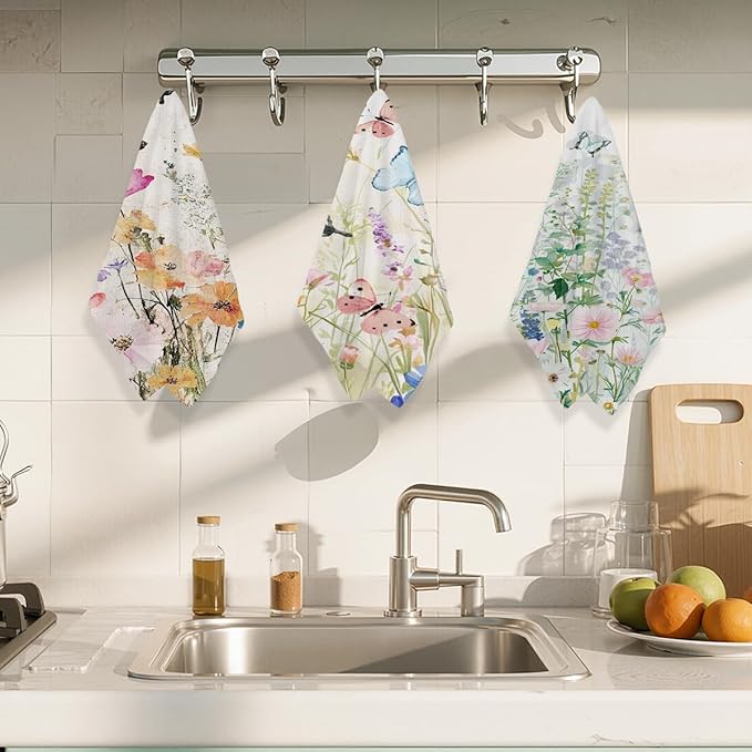 3Pcs Butterfly Kitchen Towels, Reusable Cleaning Dish Cloth Tea Towel, Floral Microfiber Hand Towel, Waffle Towels for Home Kitchen Bathroom Decor, Butterfly Gifts for Women Mom Friend, 24x14 Inch