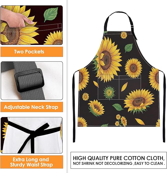 Britimes Apron Home Kitchen Cooking Baking Gardening for Women Men with Pockets Sunflowers Floral Flowers Leaf Vintage 32x28 inch