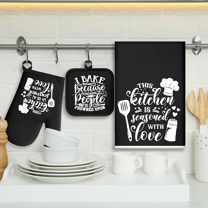 Sratte 6 Pcs Kitchen Decor Accessories Set Farmhouse Towels Pot Holders Oven Mitts Set 2 Dish Towels 2 Potholders 2 Cooking Mittens Oven Glove for Christmas Baking Cooking Supply(Black,Baking)