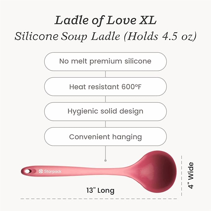 Starpack 'Ladle of Love' XL Premium Silicone Ladle Spoon - Up-to 600°F High Heat Resistant Soup Ladles - Kitchen Ladles for Serving, Rubber Non Stick Silicone Spoons, LFGB Grade Cooking Spoon