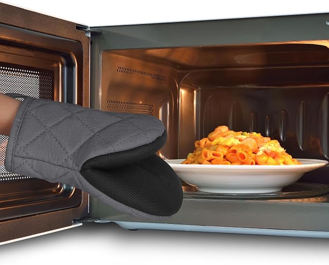 Short Oven Mitts, Heat Resistant 500°F, Silicone Grip Kitchen Gloves, Non-Slip for Baking, Grilling, BBQ, Machine Washable with Hanging Loop, 2-Pack Set, Cement Gray