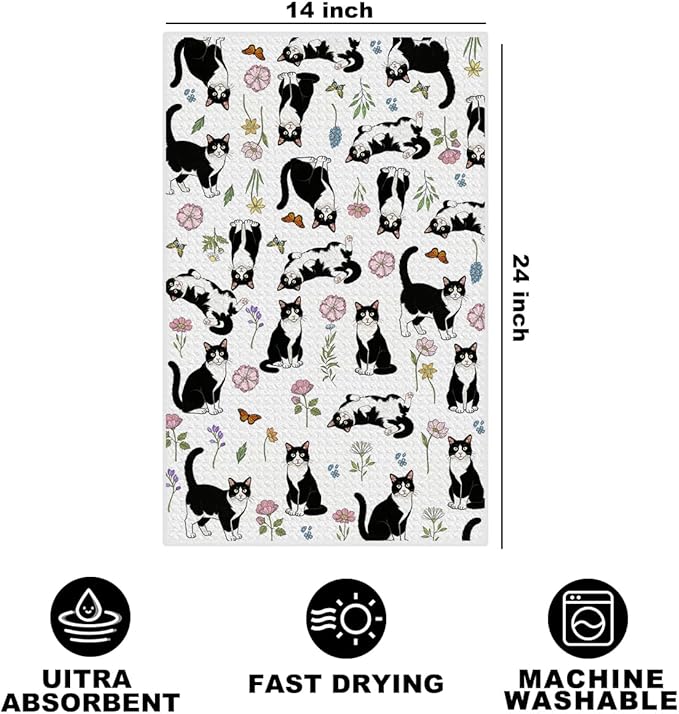 Jztco Cat Kitchen Towels, Floral Cats Gifts Reusable Hand Tea Towel, Microfiber Dish Cloths for Drying Dishes, Waffle Dish Towels for Kitchen Home Bathroom Decor, Cat Lover Gifts for Women Mom