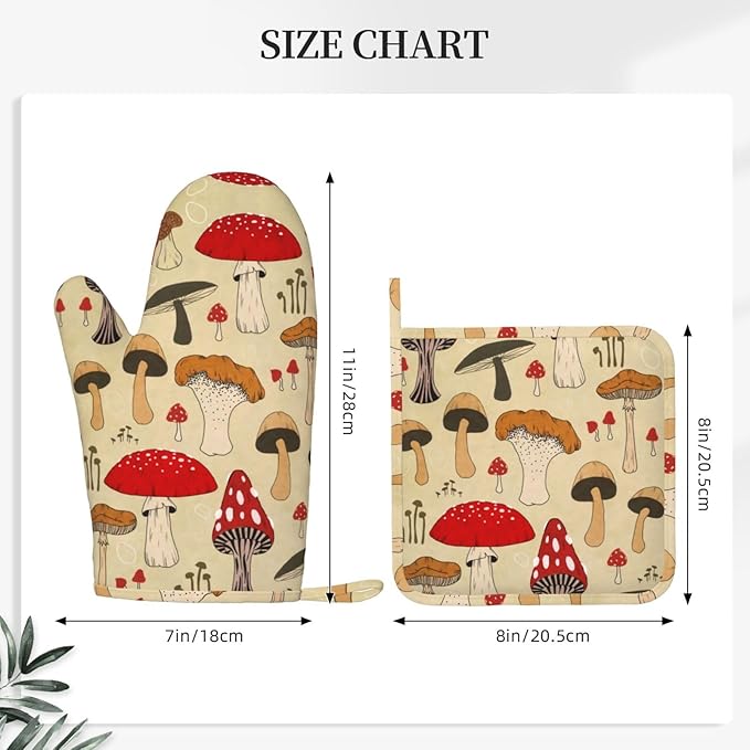 Vintage Mushroom Art Oven Mitts and Pot Holders Set of 2 Silicone Heat Resistant Oven Mitten Potholders Non Slip Gloves Kitchen Decor for BBQ Cooking Grilling Baking