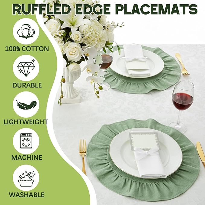 4 Pcs 15 Inch 100% Cotton Scalloped Round Placemats, Thin Light Green Place Mats with Ruffle, Washable Placemats Table Mats for Kitchen Dining Holiday Gatherings Decor