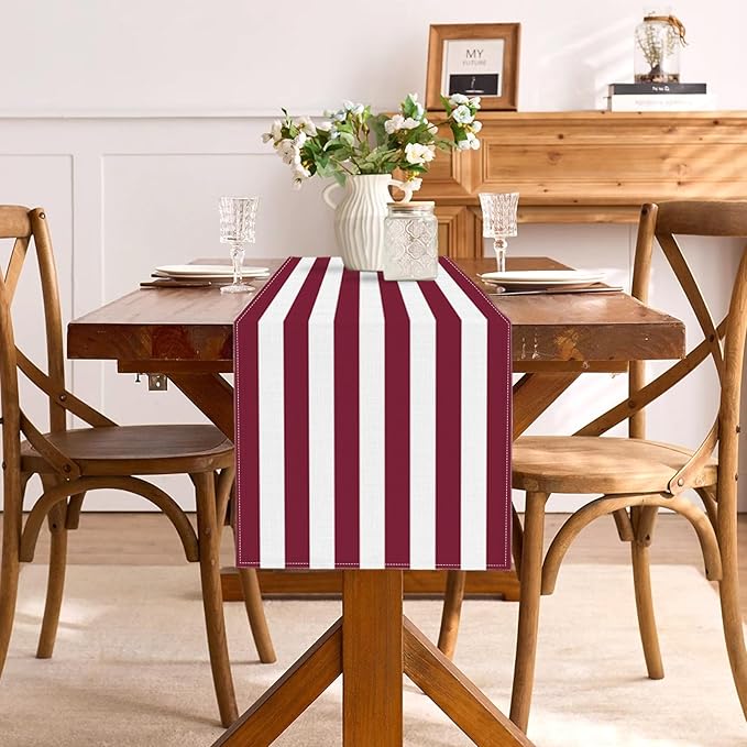 Burgundy and White Striped Table Runner Vintage Dark Wine Red Wedding Bridal Shower Party Decoration Christmas Dining Room Home Kitchen Table Decor (Burgundy, 13" x 72")
