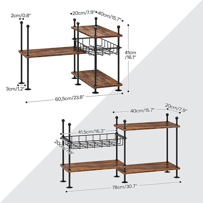 HOOBRO Kitchen countertop Organizer, 4-Tier Adjustable Kitchen Storage Shelf with Rods & Leveling Feet, 3 Configurations, for Cabinet, Countertop, Bathroom, Office, Rustic Brown and Black BF21TL01