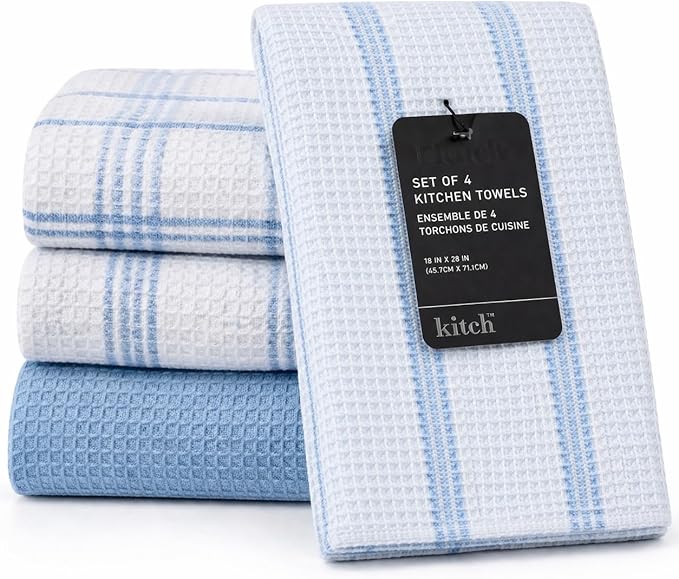 MosJos Kitchen Towels Set of 4 Dish Towels Blue n White Waffle Weave Cotton Hand Towels, 18 x 28 Absorbent Kitchen Linens